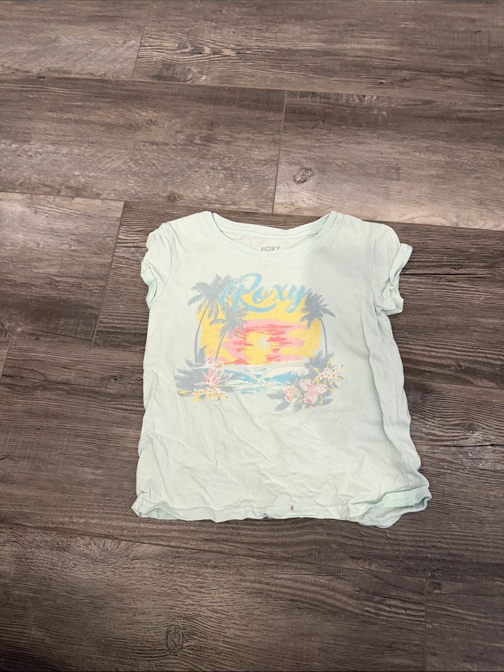Roxy Mint Tee with Pink, Yellow & Blue Sunset Graphic